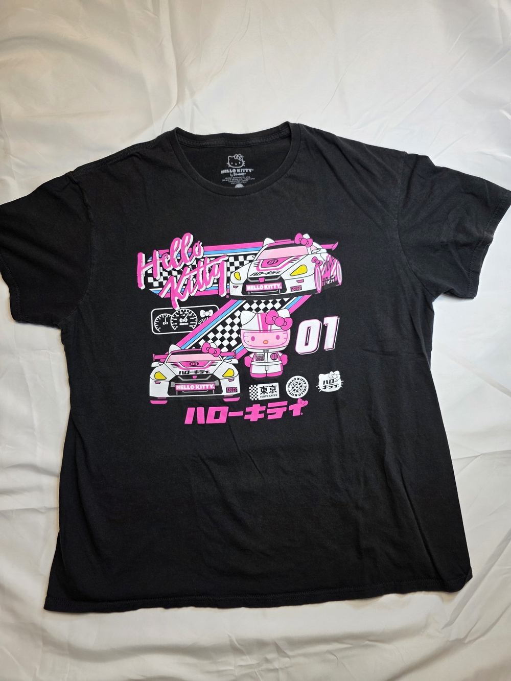 Hello Kitty Black Tee with Pink Racing Graphics Women's Size XL